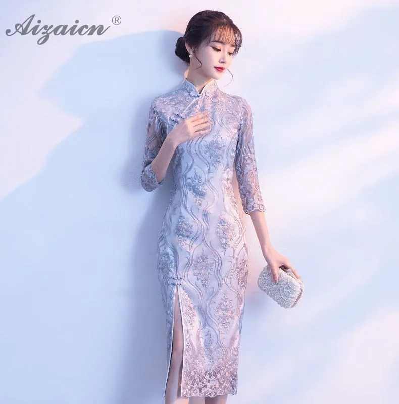 Пикантные черные кружева долго Cheongsam платья Qi Pao Для женщин Китайский вечернее платье Chinoise тонкий винтажное платье Женская Роба в восточном