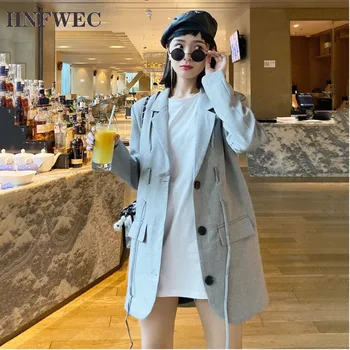 

2020 New Spring Single Breasted Solid Color Suit Collar Blazer Women Vintage Loose Slim Was Thin Lace-up Suit Coat V291