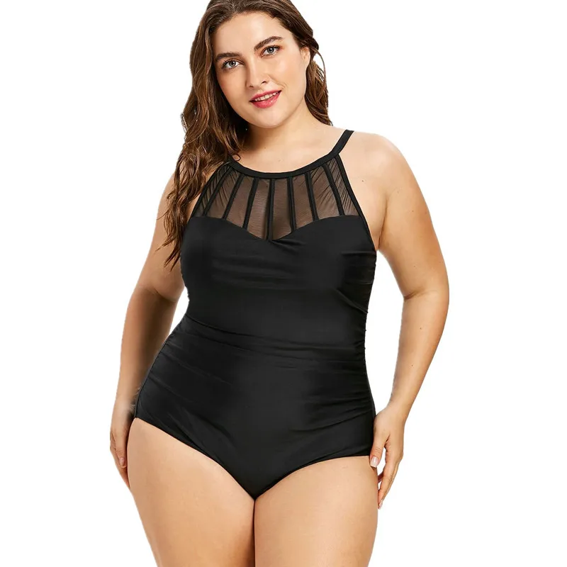 

Black Large Size Swimsuit Women one piece Plus Size Swimwear Net High Neck Fishing net mononiki Bathing suit