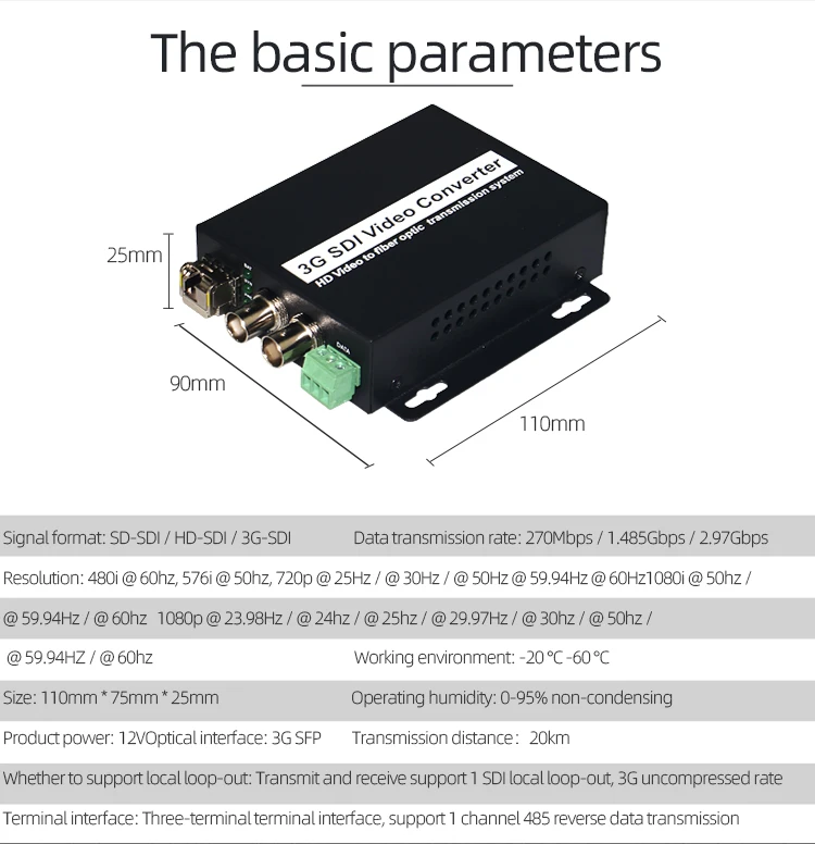 1-канальный 3g SDI в оптоволоконный конвертер с петлей-выходом и RS485, 3g SDI по оптоволоконным медиаконвертерам поддерживает 1080P и цифровое кино