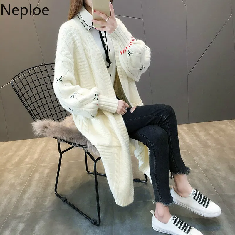 Neploe Korean Loose Maxi Lantern Sleeve Cardigans Sweater Elegant Patchwork Student Foral Coat Thick Autumn Winter Jacket 46010 |