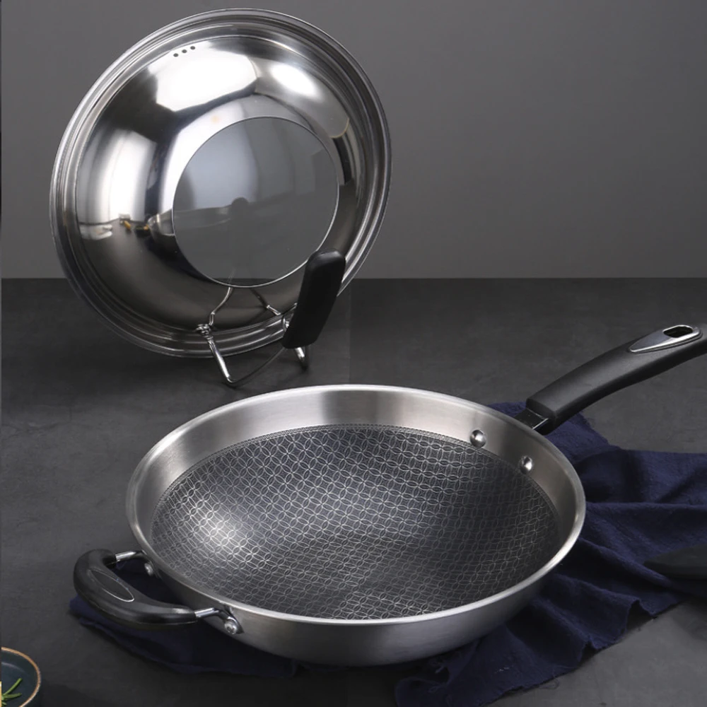Honeycomb Non-Stick Wok Spatula 34cm Smokeless Wok Cookware Frying Pan 304 Stainless Steel Non-Slip Fried Egg Pot Cooking