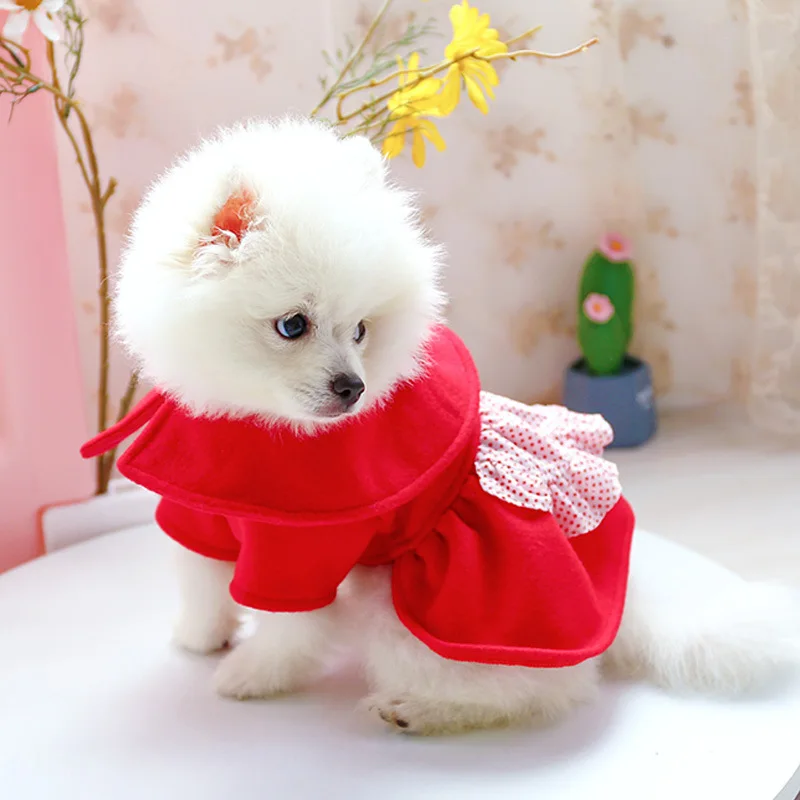 

Cute Dog Princess Dress Winter Costume Woolen Puppy Coat Warm Doggie Jacket Festival Hooded Clothes For Pet Little Dog