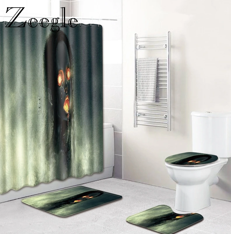 Halloween Bath Mat Set for Toilet Decoratrion Pedestal Rug Lid Toilet Cover Water Absorption Foot Mat Toilet Entrance Floor Rug