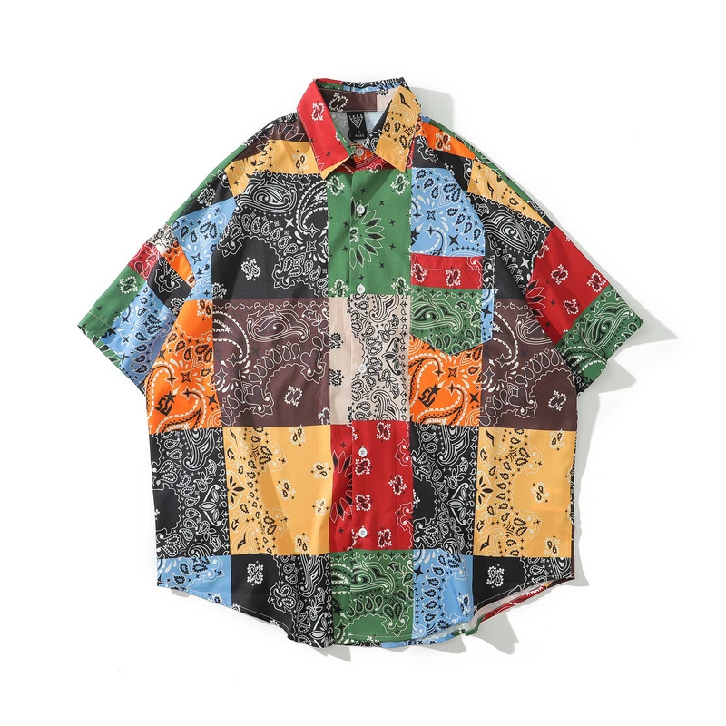Oversized Color Block Men's Bandana Button Up Shirt Urban Boys