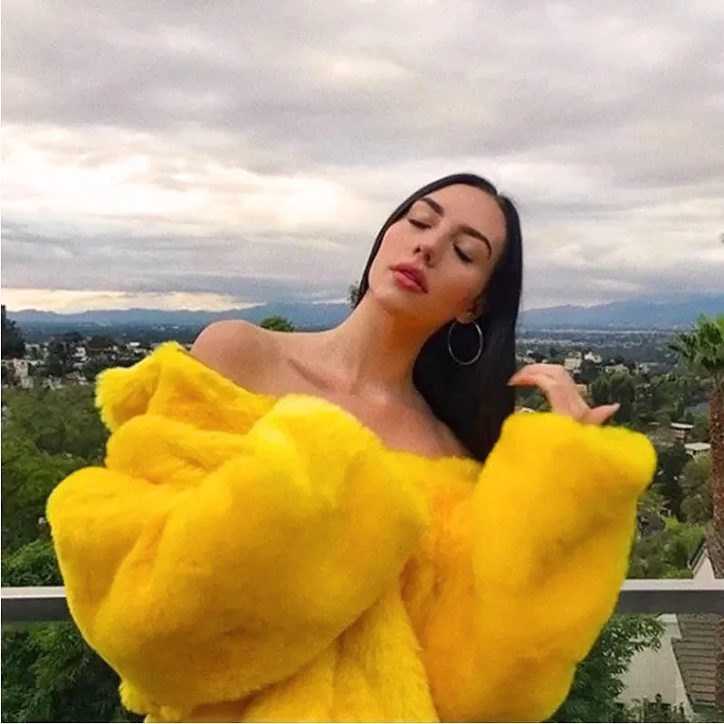 

Winter Ins Super Hot European and American Cool Yellow Luxury Imitation Fur Lemon Yellow Oversize Coat Women BY273