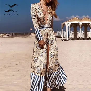 

Sexy print cover-ups 2020 Patchwork striped swimwear women Bandage beach cover up V neck summer swimsuit female long beach dress