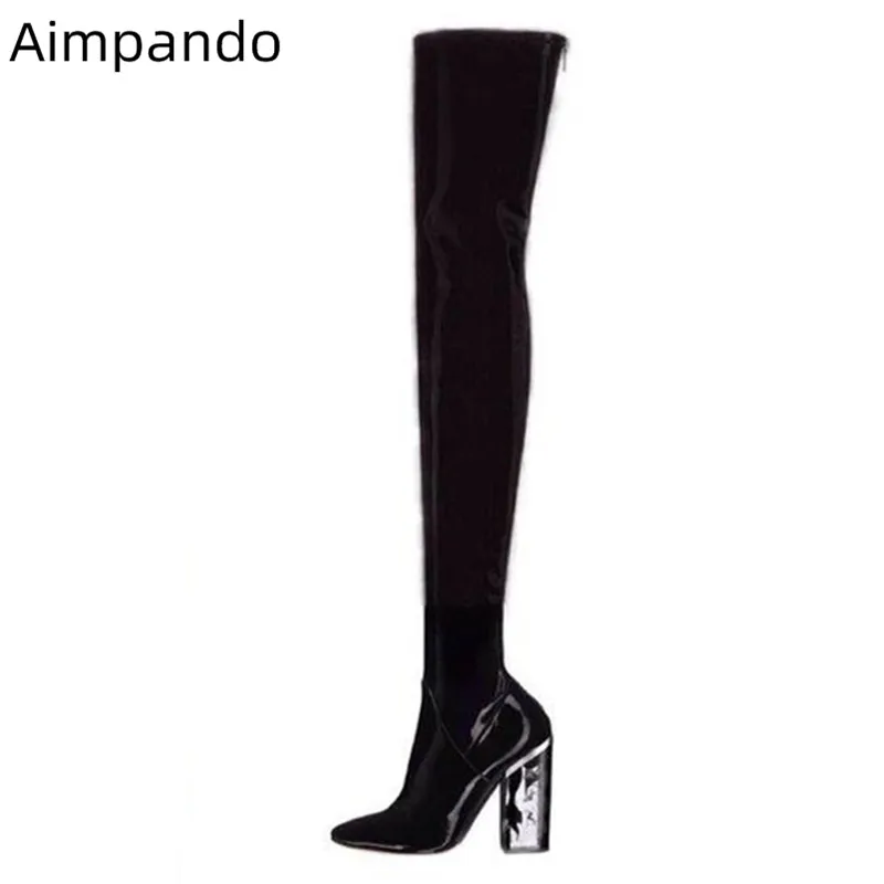 

Fashion Long Boots Women Point Toe Clear Square High Heel Walking Shoes 2020 New Coming Fashion Bottes Slim Thigh High Boots