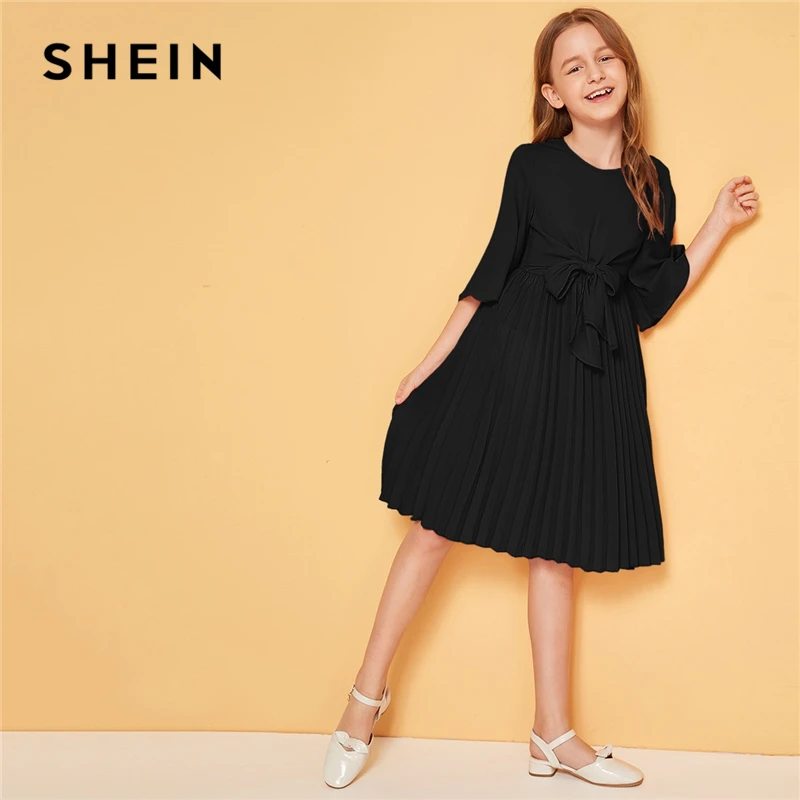 SHEIN/детское однотонное плиссированное платье с завязками спереди для девочек; милое детское платье; коллекция года; Летние Детские платья трапециевидной формы с рукавами-воланами до колена