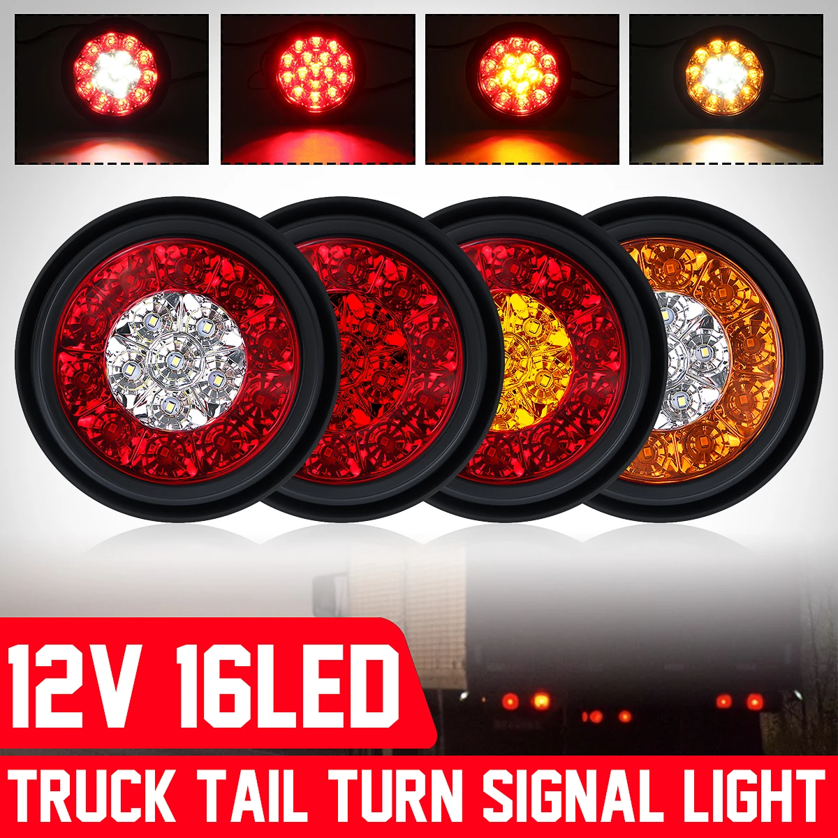 2 Pcs Red/Amber Round LED Truck Trailer Amber/Red Taillights with Stainless Steel Rings 16 LED DC 12V Waterproof Stop Brake Running Turn Signal Lights Tail Lamps for RV Trailer 