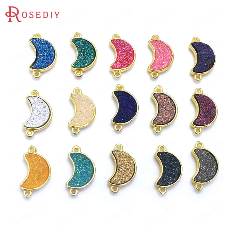 

10PCS 18x10MM 24K Gold Color Brass and Resin 2 Holes Imitation Crystal Style Moon Shape Connect Charms Pendants Diy Accessories