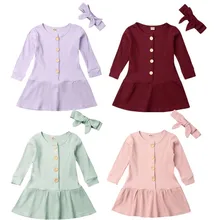 Новое трикотажное платье с длинными рукавами для маленьких девочек, 2 предмета теплые зимние платья принцессы на пуговицах с повязкой на голову