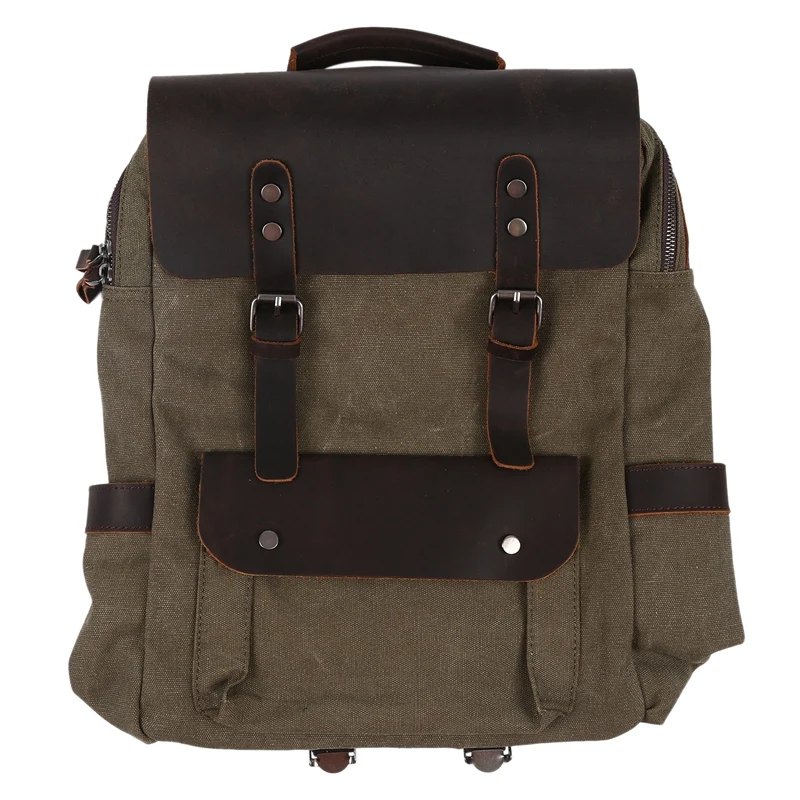 

ABZC-Vintage Canvas Leather Backpacks for Men 14 Inch Laptop Daypacks Waterproof Canvas Rucksacks Large Waxed Travel Back Packs