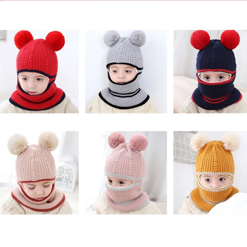 

Cute Pompon Knitted Baby Hats Ear Scarf Wool Turban Beanie Warm Caps Soft Hat For Childern Girls Boys Bonnet Autumn Winter New