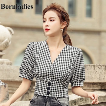 

Bornladies 2020 Plaid High Waist Shirt Women's Summer Korean-Style Slim-Fit V-neck Exposed Belly Short Top