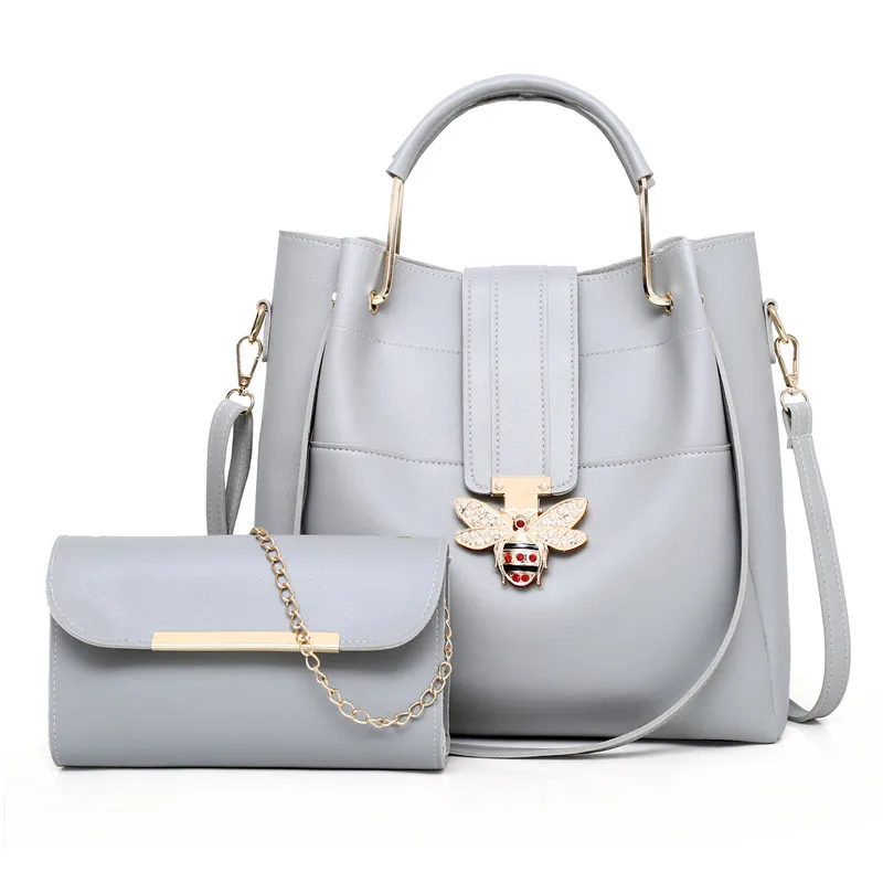 

2019 New Style WOMEN'S Bag Two-Piece Set Bees Buckle Hand Different Size Bags Solid Color Zipper Casual Retro Brand New