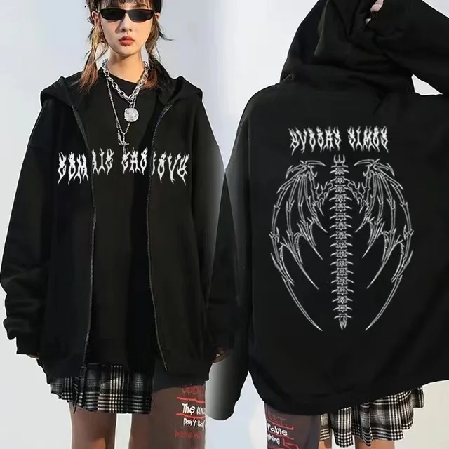 Y2k Butterfly Hoodie Women'S Zipper Harajuku Sweatshirt Fall/Winter Couples European And American Punk Oversized Hoodie Jacket L-0047 black