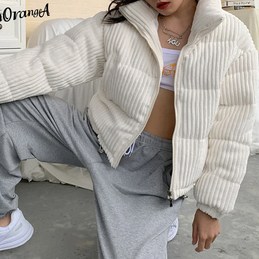 

OrangeA Women Cotton-Padded Jacket Velvet Thicker Winter Bread Warm Zipper Solid Stretchy Casual Coat Fashion Streetwear Outfits