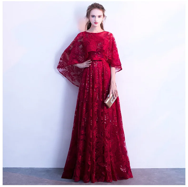 Wine Red Sequined Lace Long Prom Dresses 2019 A-line Scoop Neck With Jacket Floor-length  Plus Size Formal Dresses For Women