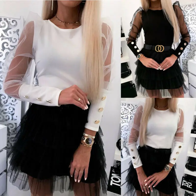 Women Mesh Puff Long Sheer Sleeve Tops Pullover Blouse Shirts Casual Party Club Back Buttons OL Office Casual Blouse