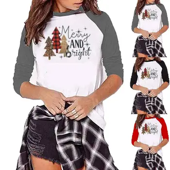 

Xmas Women Color Block Tree Letters Print O Neck 3/4 Sleeve Pullover Blouse Top Lady Shirts All-Matching spring Women Top