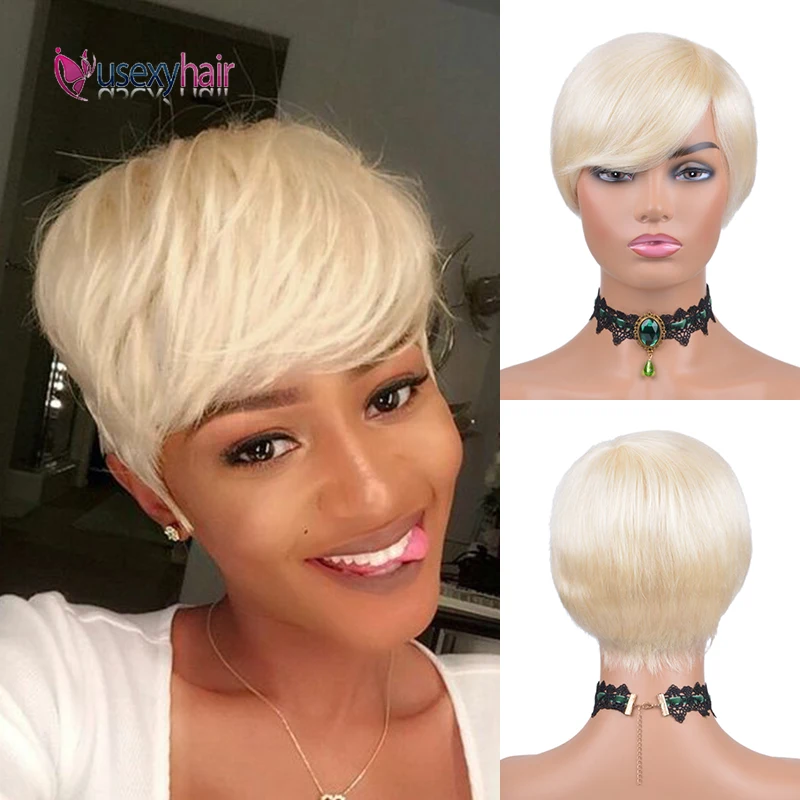 

USEXY Short Straight Wig Human Hair Pixie Cut 100% Remy Brazilian Human Hair Wigs For Women Short Bob Wig Full Machine Made #613