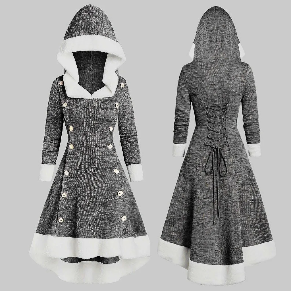 Robe de noel femme, винтажное рождественское платье, женское платье с длинным рукавом, на бретельках, на пуговицах, с капюшоном, с высокой талией, миди, платье navidad@ 40