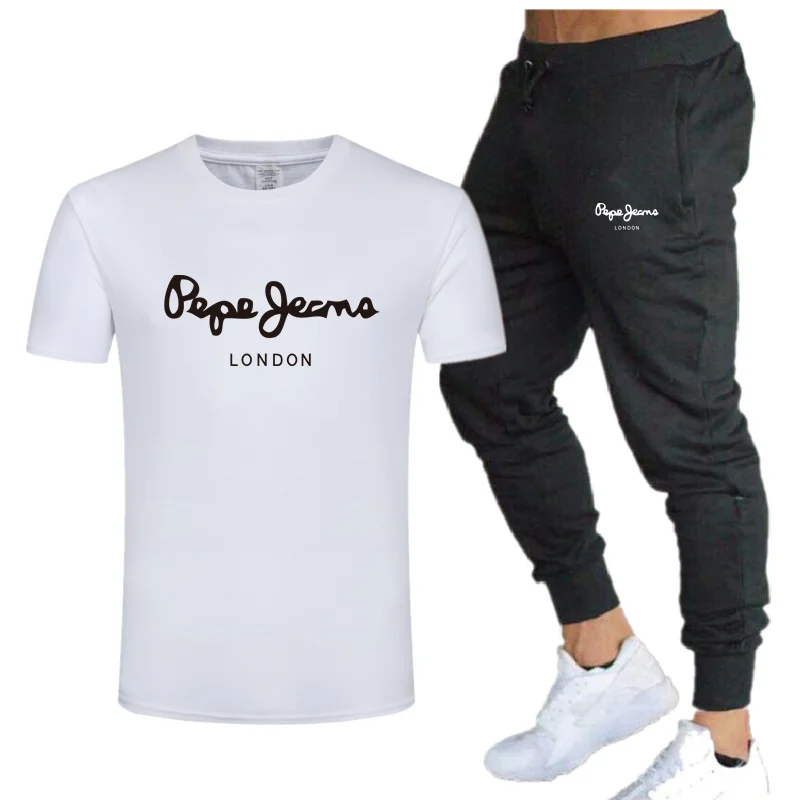 Primavera y novedad de verano hombres y mujeres chándal Casual ropa deportiva de algodón de dos piezas camiseta marca + de moda traje de pantalón informal