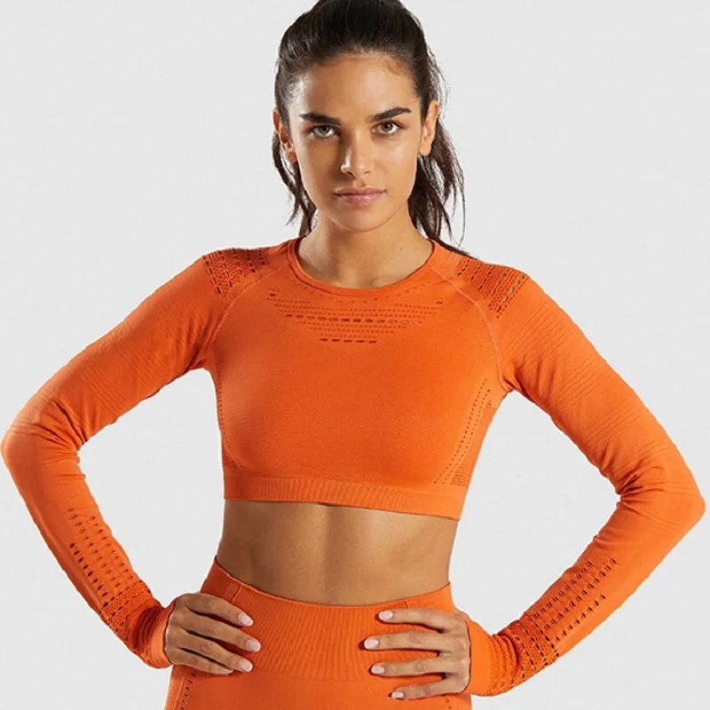Женские энергосберегающие бесшовные рубашки для йоги с длинным рукавом для тренировок, бега, занятий спортом, тренажерного зала, фитнеса, укороченный топ для тренировок, йоги, спортивная одежда, сексуальная