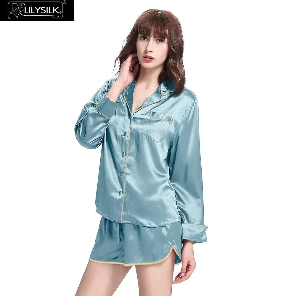 Blue Haze LilySilk пижамы шорты набор для женщин Чистый 100 шелк 22 мама для пижамы Роскошные с отделкой стежка сна Lounge - Цвет: Blue Haze