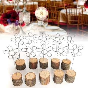 

10pcs Rustic Wood Place Card Holders with Swirl Wire Wooden Base Table Number for Wedding Table Name Number Sign FAS6