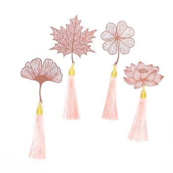 

Coloffice 1PC Retro Pink Metal Bookmark Chinese Style Leaf Veins Rose Gold Hollow Maple Leaf Tassel Apricot Leaf Bookmark Gifts