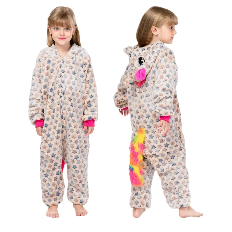 Yellow Stars Onesie/Детские пижамы с единорогом кигуруми; зимняя Пижама с пандой в стиле аниме «Единорог»; Фланелевая пижама с животными для мальчиков и девочек; одежда для сна с капюшоном для костюмированной вечеринки - Цвет: Yellow Stars