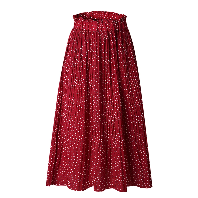Conmoto горошек Высокая талия женские длинные юбки Винтаж Осень Зима плиссированная юбка 6 цветов Повседневная Красная Женская юбка - Цвет: Красный