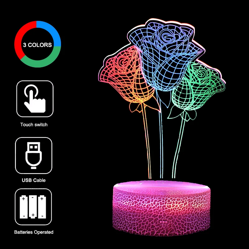 Flower Night Light Rose Lotus 3D Romantic Lamp USB LED 3 Colors Dynamic For Bedroom Decor Holiday Valentine's Day Sweet Gifts |