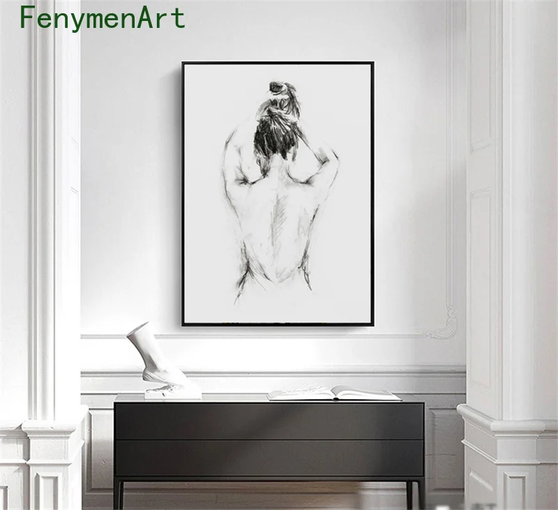 Minimalist Line Drawing Woman Poster Abstract Nude Bathing Woman Canvas Painting Modern Wall Art Picture Bathroom Home Decor