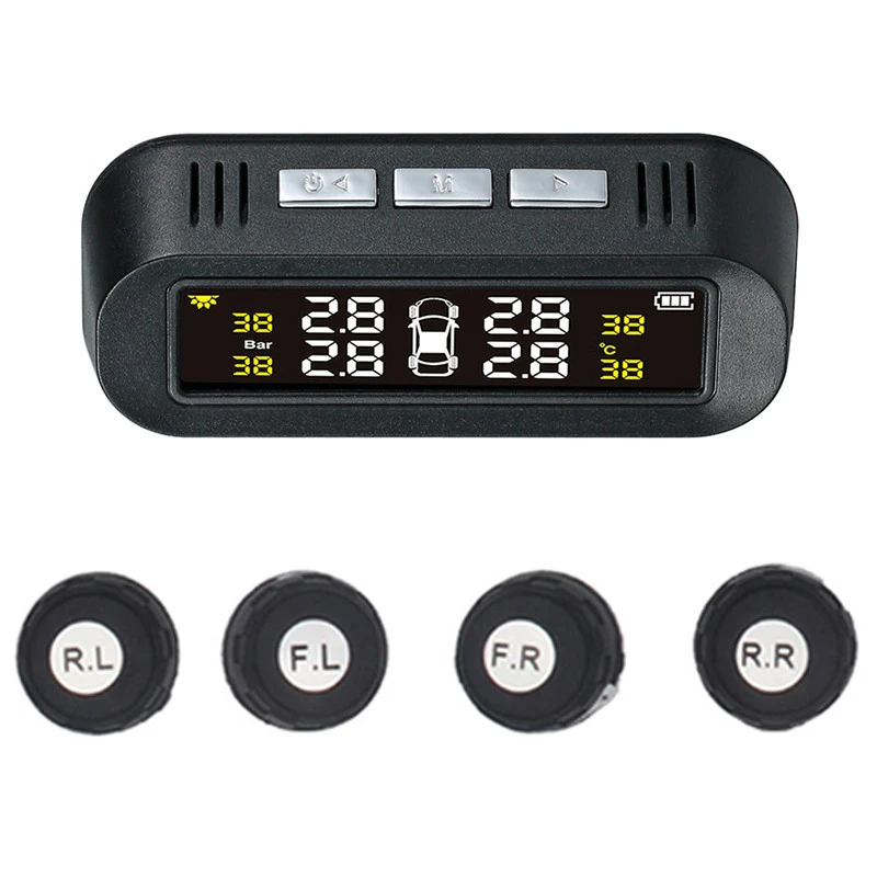 Tpms Солнечная энергия универсальная, беспроводная система контроля давления в шинах с 4 внешними датчиками, отображение в режиме реального времени 4 нажатия