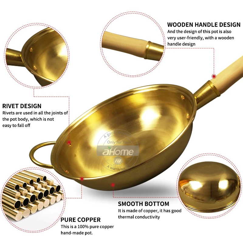 Fypo 100% Pure Copper Wok Pan Copper Pot Thickened Wooden Handle Frying Pan Brass Frying Pan Cookware Cooking Wok Copper Cooker - Image 2