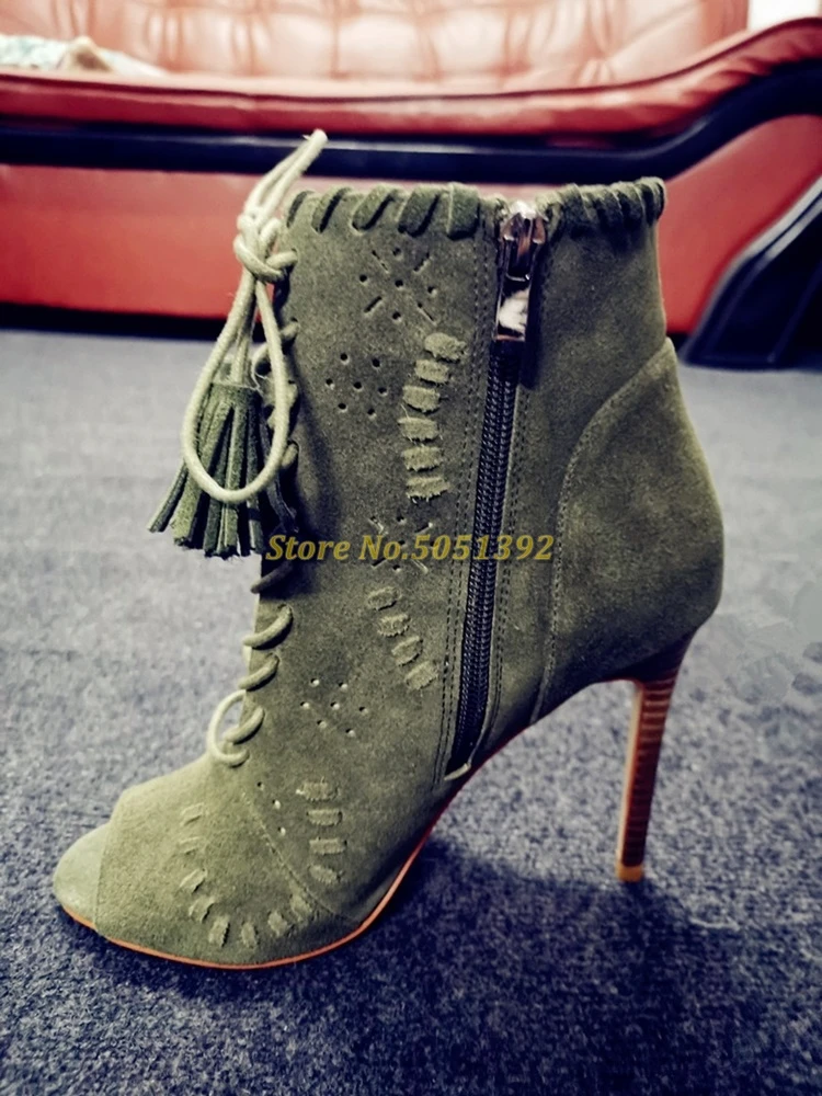 Botines con cremallera y borlas para mujer, botas de mezclilla con abierta, zapatos de de estilo romano, tacón alto de aguja, color verde militar, otoño|Botas hasta el tobillo| - AliExpress