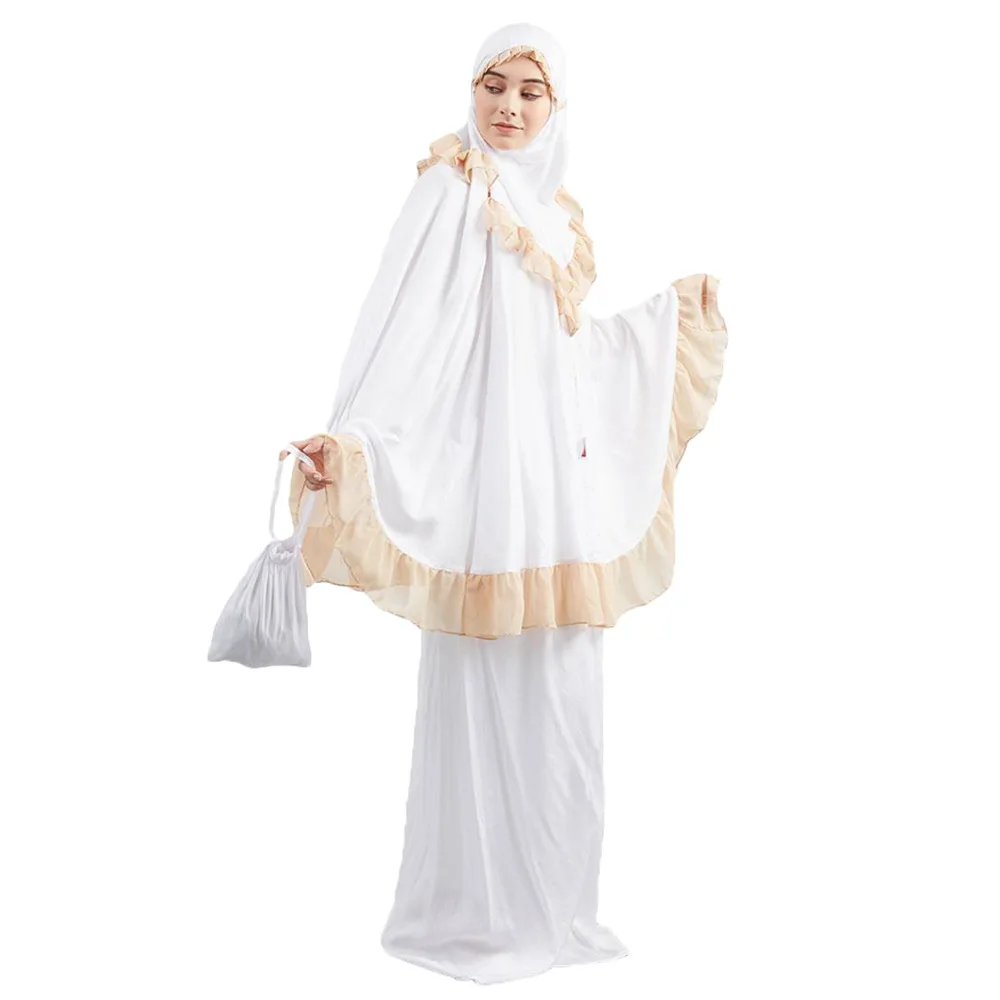 Рамадан кафтан абайя Дубайский Мусульманский платье хиджаб Кафтан Абая для женщин Ropa Oman Elbise vestidos robe Femme молитвенная одежда - Цвет: Белый
