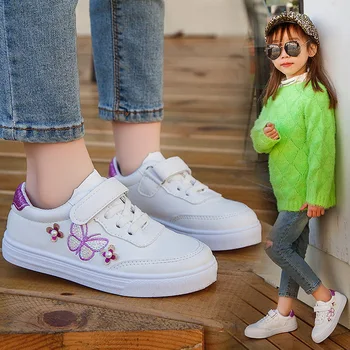 

2020 Children Girls Boys Sport Shoes Antislip Soft Bottom Kids Baby Casual Flat Sneakers White Embroidery Butterfly Shoes