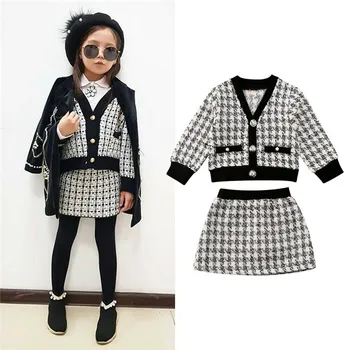 

Toddler Baby Kid Girls Clothing Set Sweaters Button Plaid Jacket Coat Tops +Mini Skirts Autumn Winter Kids Girls Formal Costumes