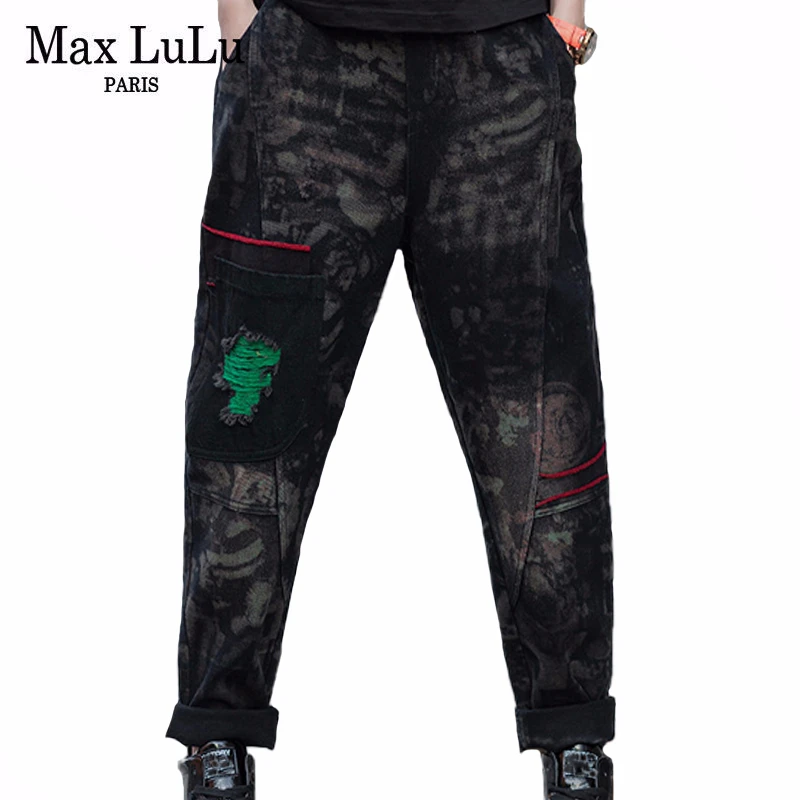 

Max LuLu New 2020 Spring European Fashion Style Ladies Loose Denim Trousers Womens Vintage Printed Jeans Ripped Pants Plus Size