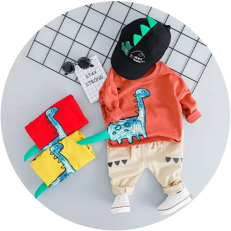 Одежда с динозаврами для маленьких мальчиков, комплект детской одежды на осень и зиму, 3 предмета, куртка с капюшоном, Осенний хлопковый комплект с буквенным принтом