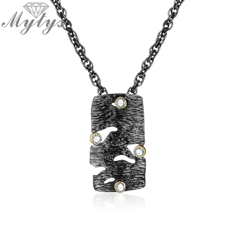 

Mytys Two Style Antique Necklace Black Color Geometric Square Tree Bark Hollow Desig Pendant Necklace Retro Fashion CN543 CN544