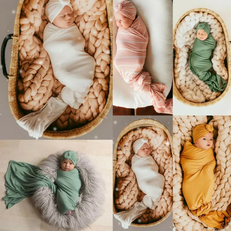 

2pc Newborn Baby Boy Cocoon Swaddle Blanket Sleeping Swaddle Muslin Wrap Hat Set