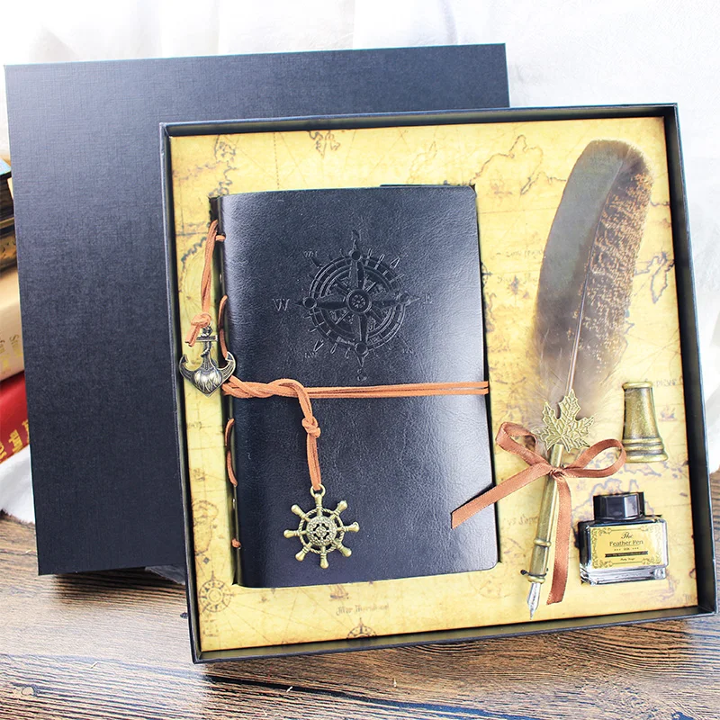 Retro Vintage Calligraphy Feather Fountain Pen Writing Ink Leather Notebook Set | Канцтовары для офиса и дома