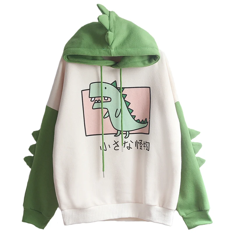 YUPINCIAGA, женские теплые пуловеры с капюшоном и принтом динозавра, толстовки из плотного флиса, популярные цвета с рогами, Harajuku, Толстовка для подростков, девочек - Цвет: Green