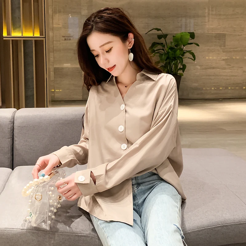 White Chiffon Blouse Women Long Sleeve Casual Loose Ladies Tops Female Solid Elegant Temperament Turn-down Collar Blue Shirt