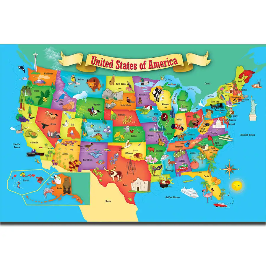 

Nursery Posters and Prints World Map of Usa Geography for Kids Education School Art Canvas Painting Bedroom Dorm Home Decor